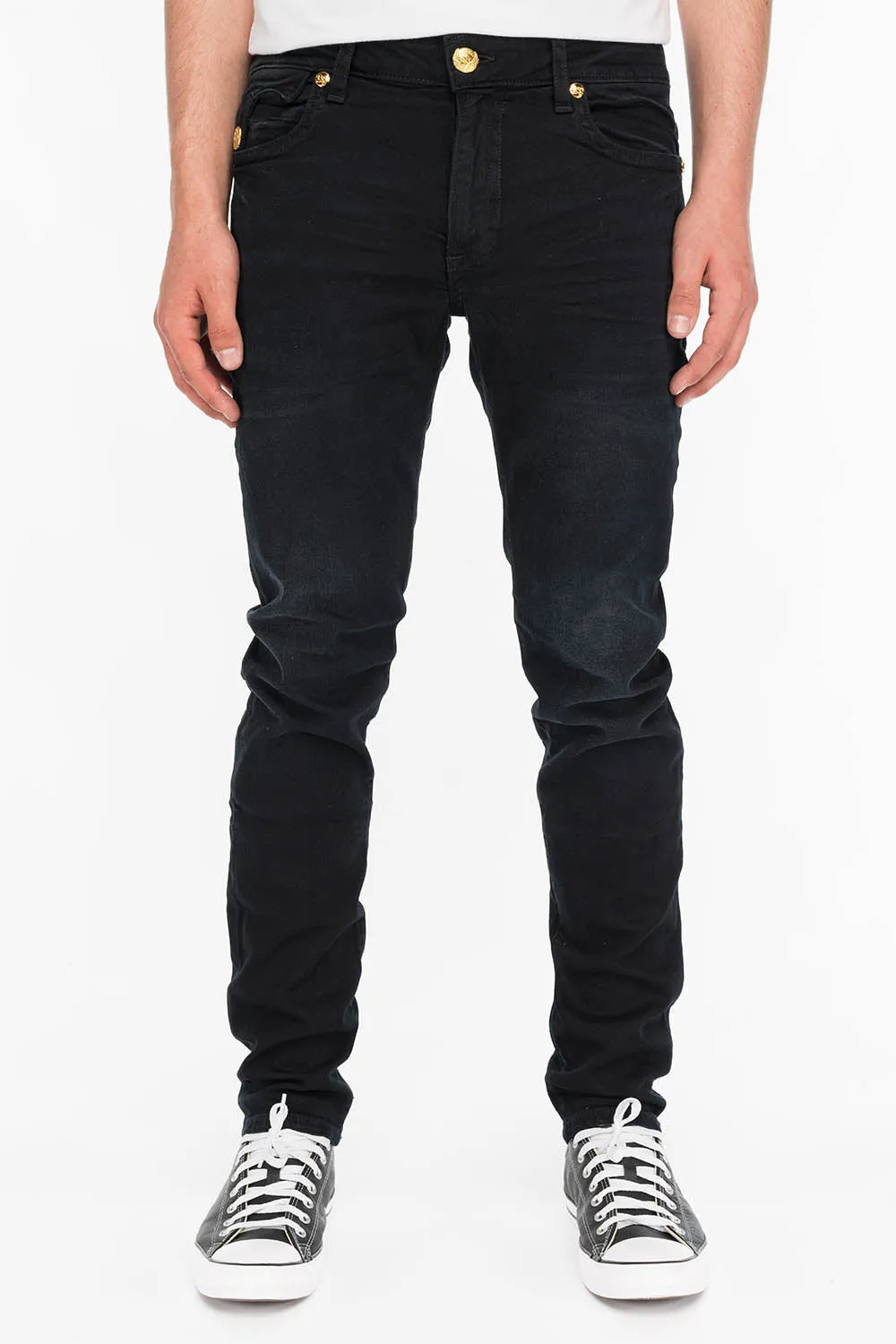 KILLER FLAP MENS SKINNY JEANS IN F_UP BLACK WITH GOLD O.E. LOGO sold by Robin's Jean