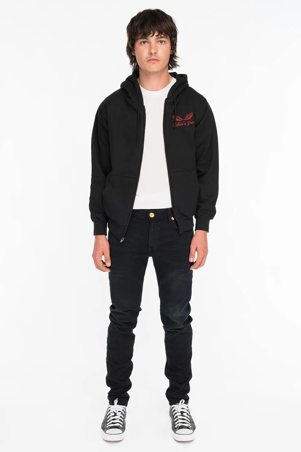 KILLER FLAP MENS SKINNY JEANS IN F_UP BLACK WITH GOLD O.E. LOGO sold by Robin's Jean product image thumbnail 4