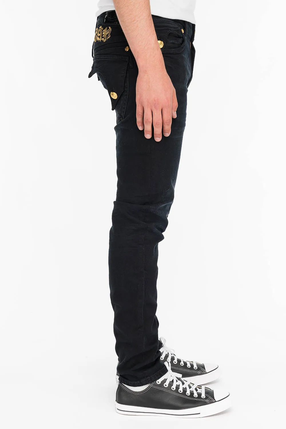 KILLER FLAP MENS SKINNY JEANS IN F_UP BLACK WITH GOLD O.E. LOGO sold by Robin's Jean product image thumbnail 2