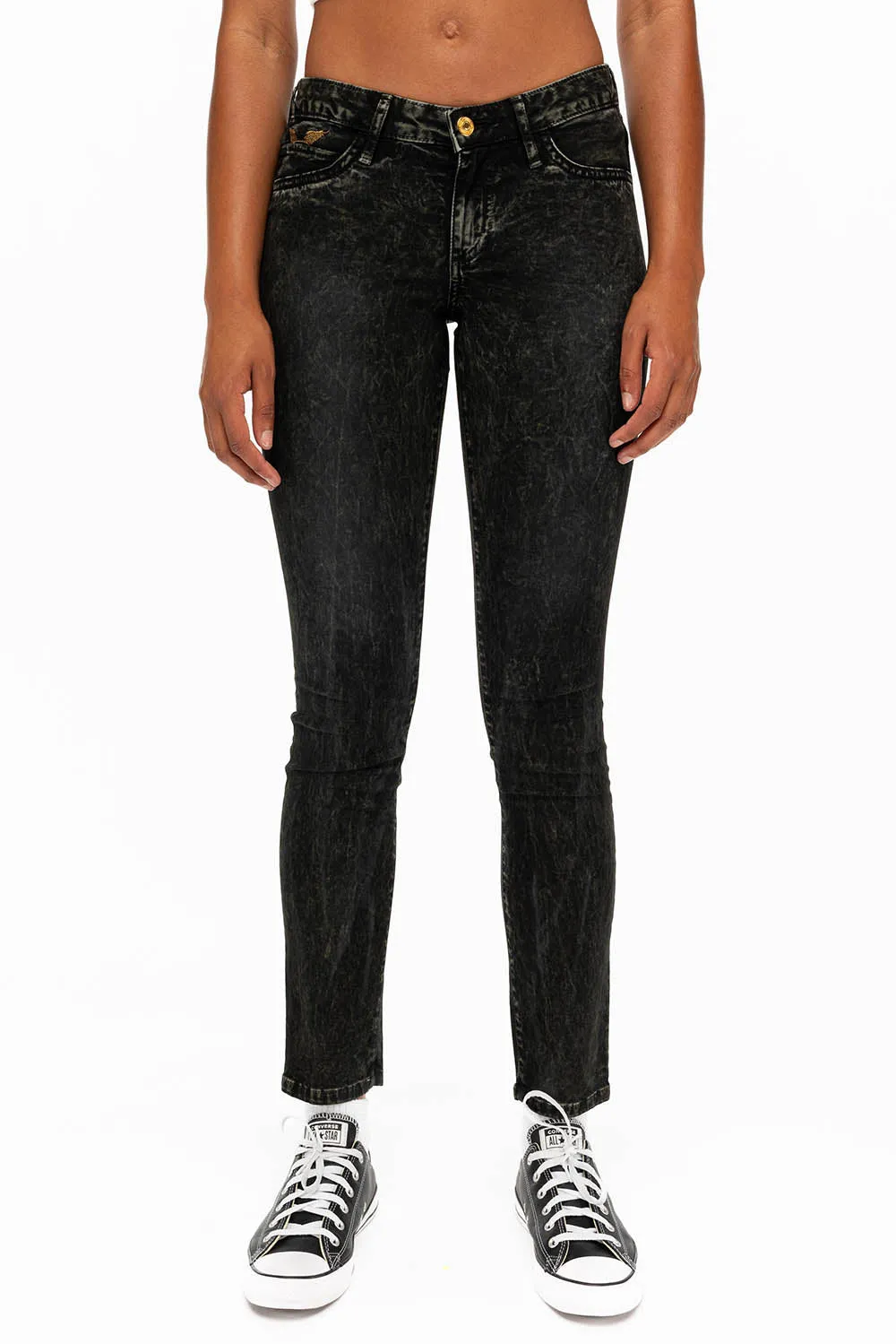 JANE MID RISE WOMENS SKINNY JEANS IN GREEN THUNDER WITH GOLD WINGS sold by Robin's Jean