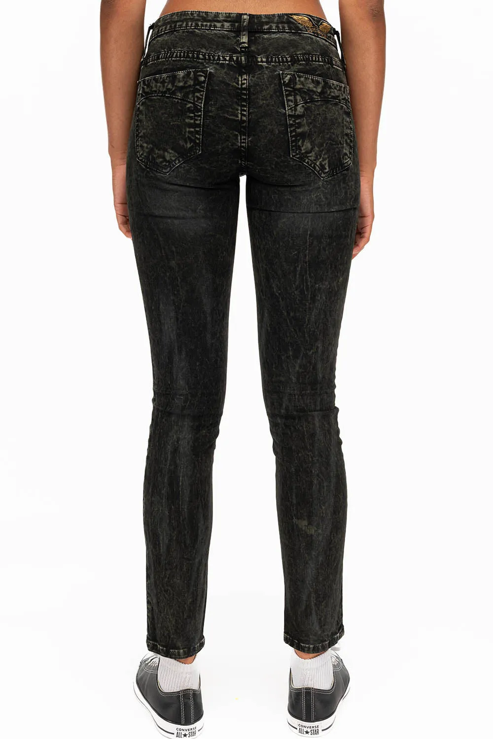 JANE MID RISE WOMENS SKINNY JEANS IN GREEN THUNDER WITH GOLD WINGS sold by Robin's Jean product image thumbnail 2