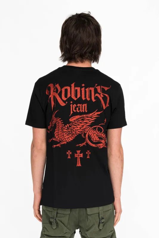 DRAGON TEE IN BLACK AND RED GLITTER sold by Robin's Jean