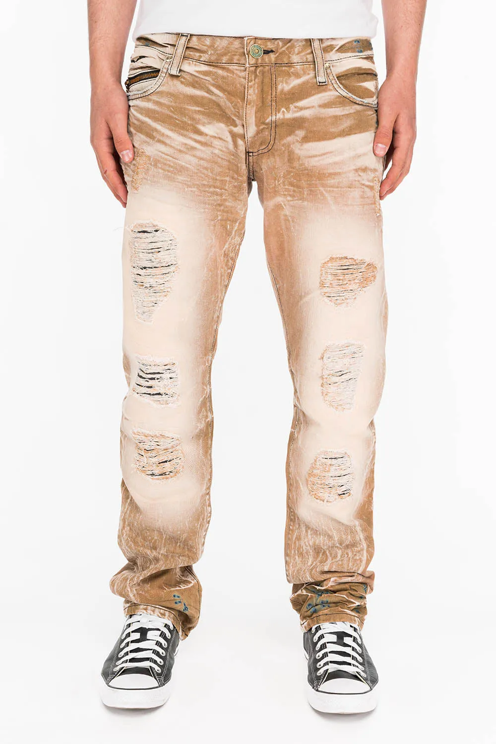 MINI FLAP MENS SLIM JEANS IN AMARETO DESTROY BACKING sold by Robin's Jean