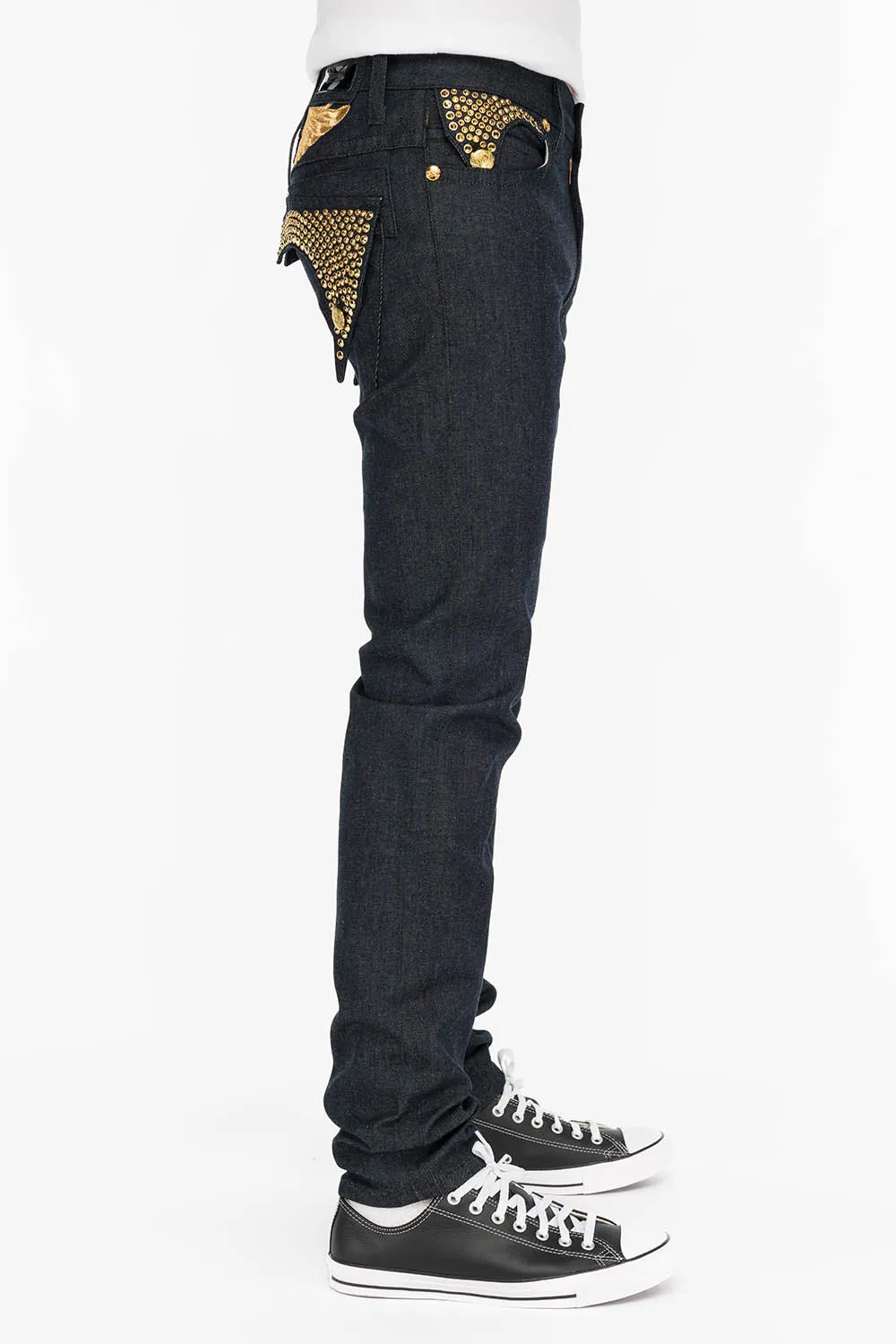 MENS RAW DENIM SLIM FIT KILLER FLAP JEANS WITH GOLD WINGS AND CRYSTALS sold by Robin's Jean product image thumbnail 2