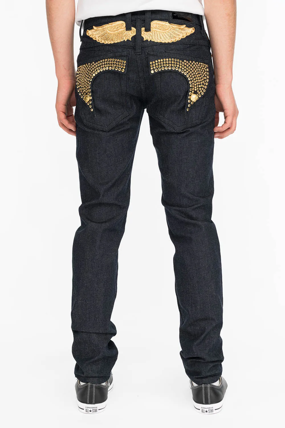 MENS RAW DENIM SLIM FIT KILLER FLAP JEANS WITH GOLD WINGS AND CRYSTALS sold by Robin's Jean