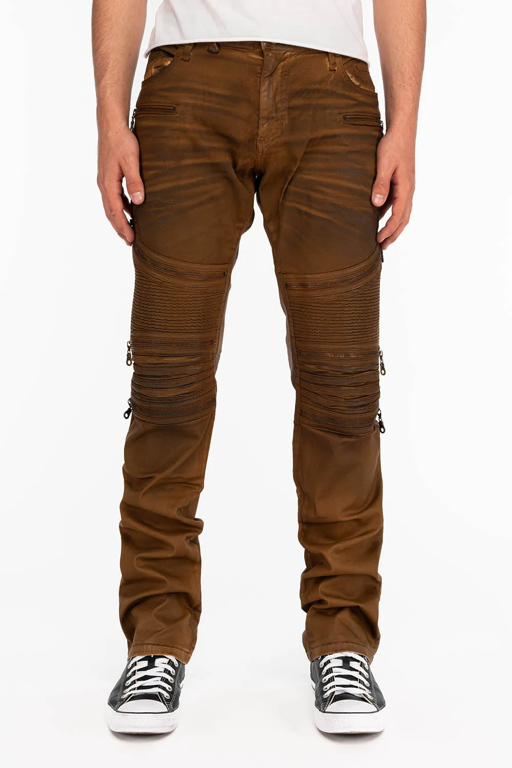 MEN'S BIKER SLIM JEANS IN SUEDE KHAKI COATING sold by Robin's Jean