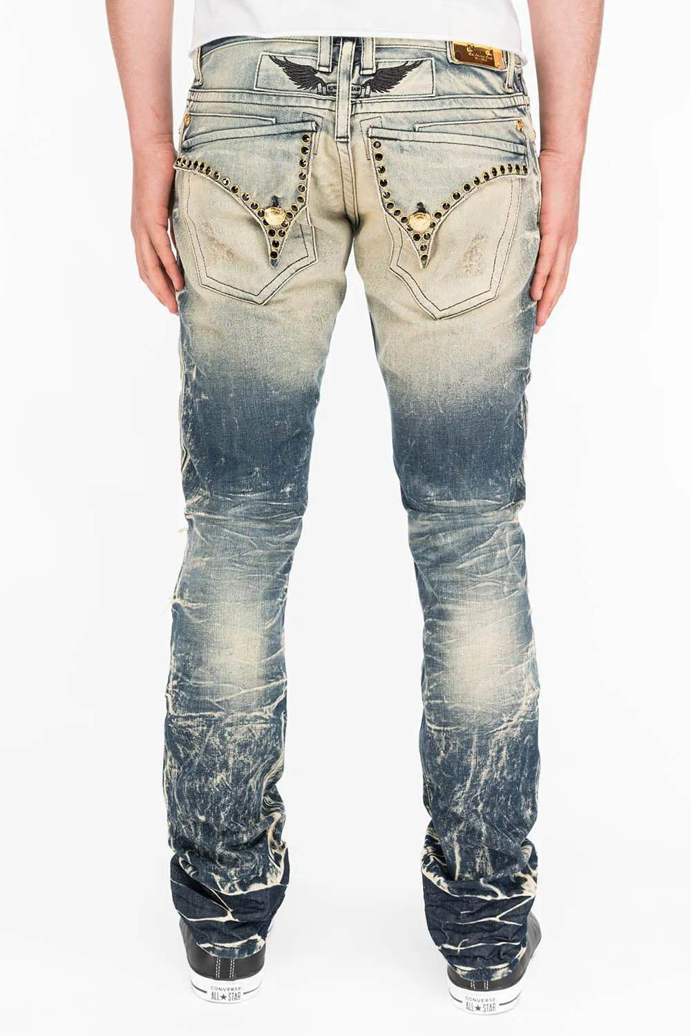 CROSSED OUT LONG FLAP MENS JEANS IN 4D DARK BROKEN WITH CRYSTALS sold by Robin's Jean product image thumbnail 3