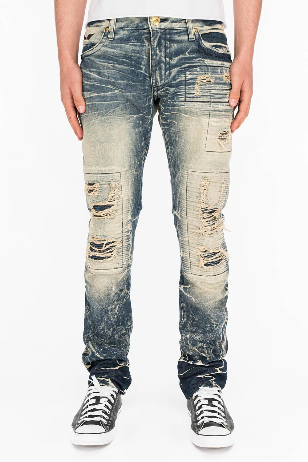 CROSSED OUT LONG FLAP MENS JEANS IN 4D DARK BROKEN WITH CRYSTALS sold by Robin's Jean