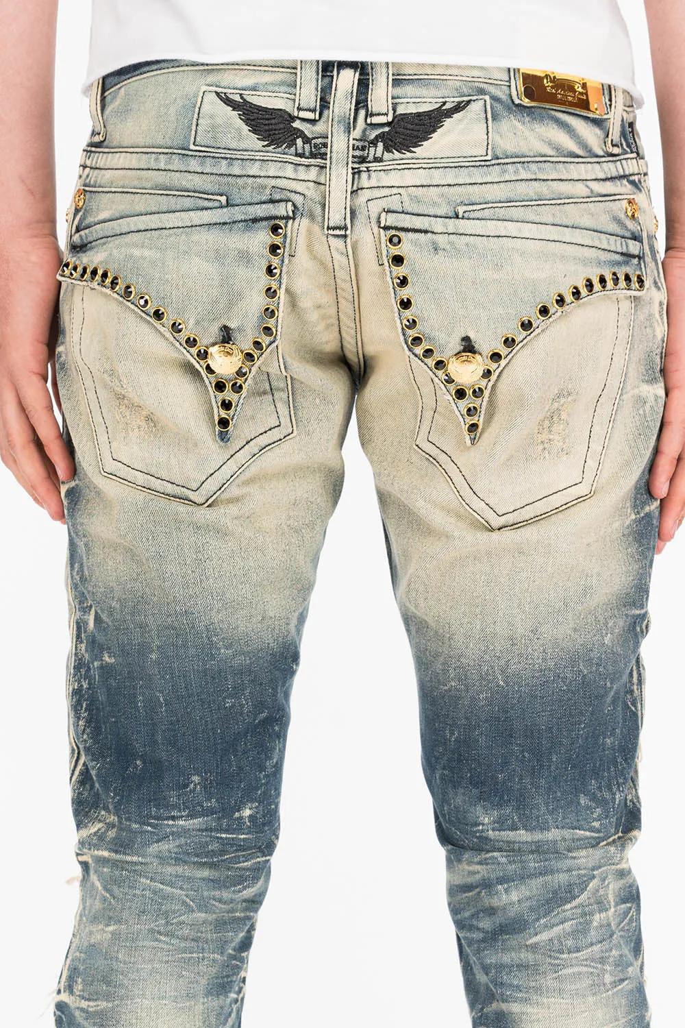 CROSSED OUT LONG FLAP MENS JEANS IN 4D DARK BROKEN WITH CRYSTALS sold by Robin's Jean product image thumbnail 5