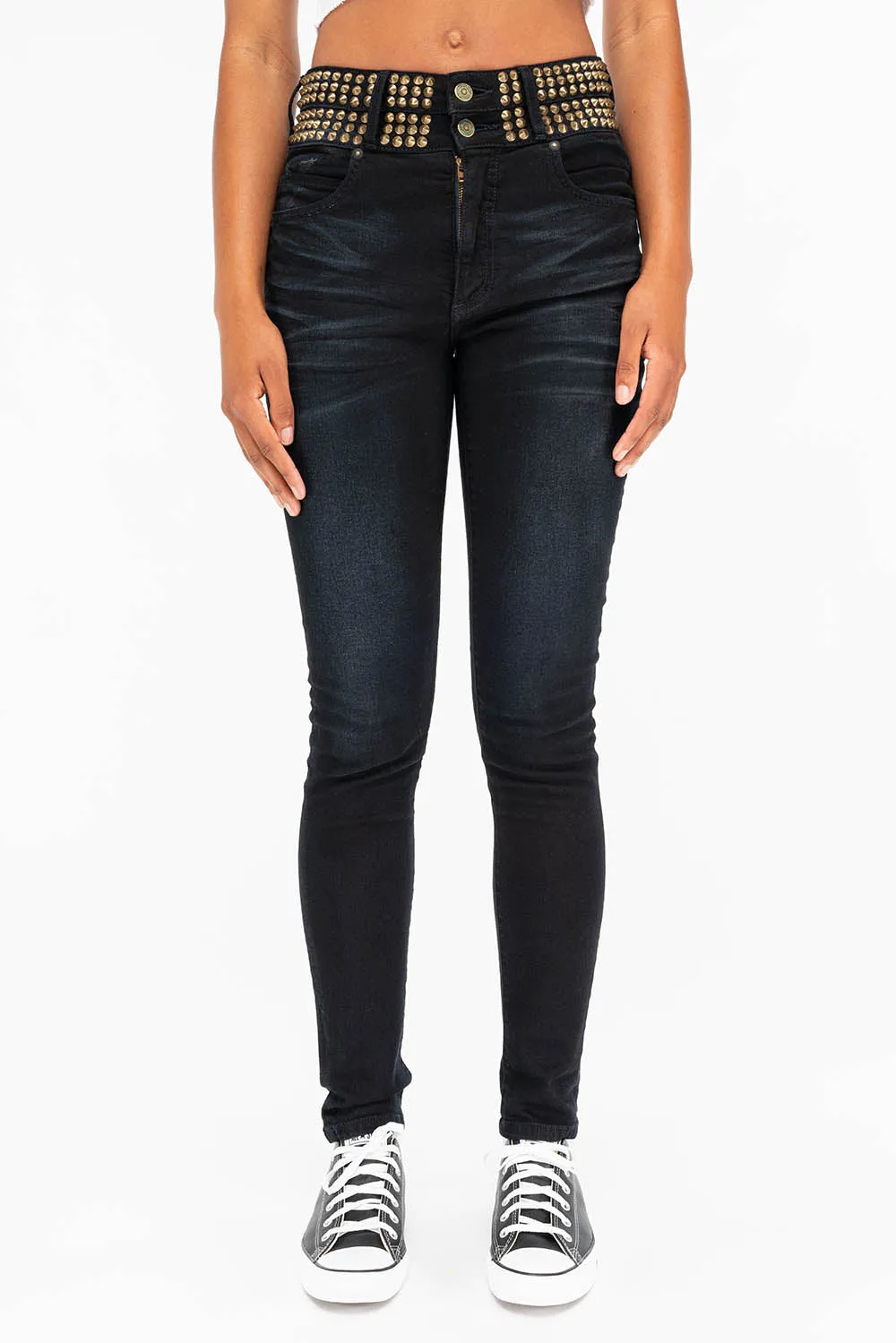 ROBIN'S DOUBLE WAIST SKINNY WITH SPIKES IN F-UP BLACK sold by Robin's Jean