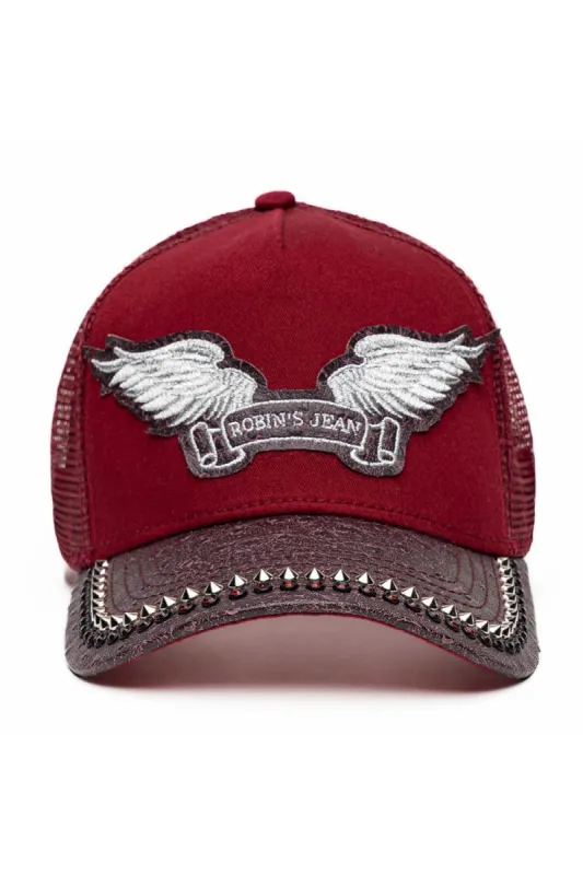 BURGUNDY/WINE OSTRICH TRUCKER HAT WITH SILVER SPIKE/RED CRYSTAL EMBELLISHMENT sold by Robin's Jean