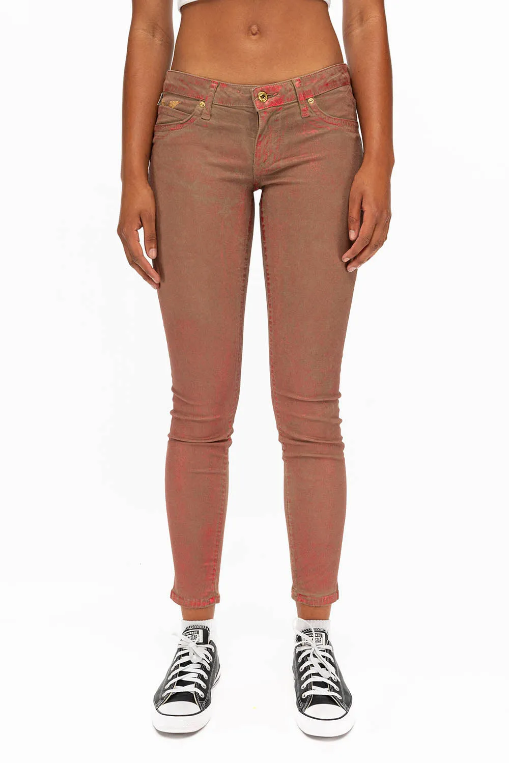 MARILYN WOMENS SKINNY JEANS IN KHAKI RED FOIL sold by Robin's Jean