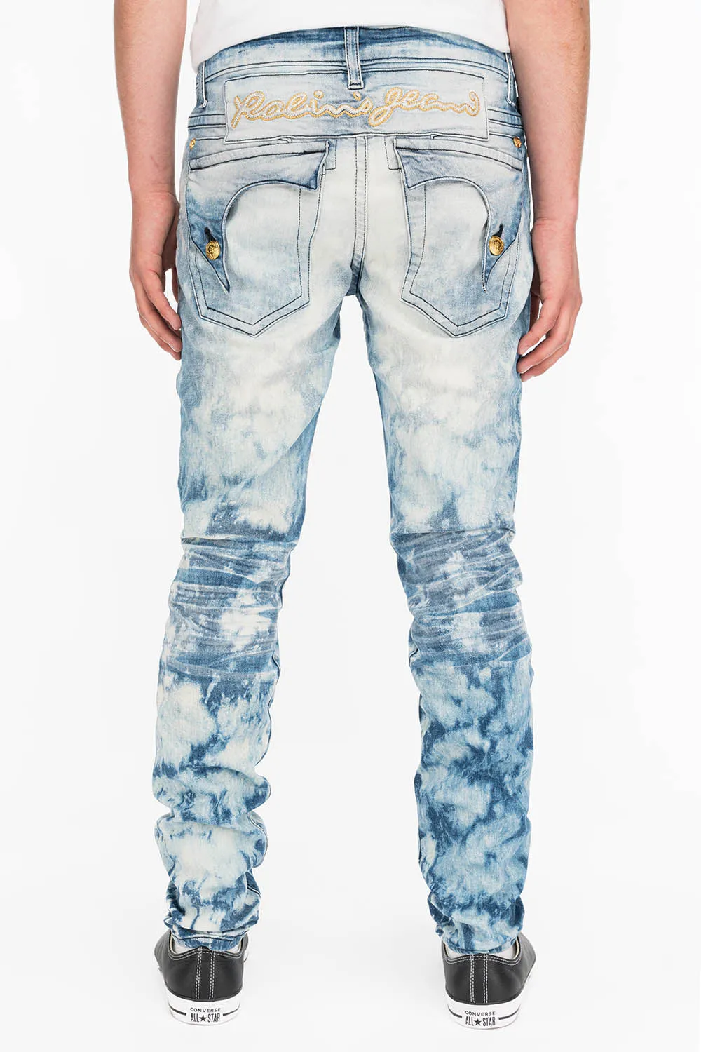 KILLER FLAP MENS SKINNY JEANS IN NEW CLOUD JAPAN WITH GOLD AND SILVER EMBROIDERY PATCH sold by Robin's Jean product image thumbnail 3
