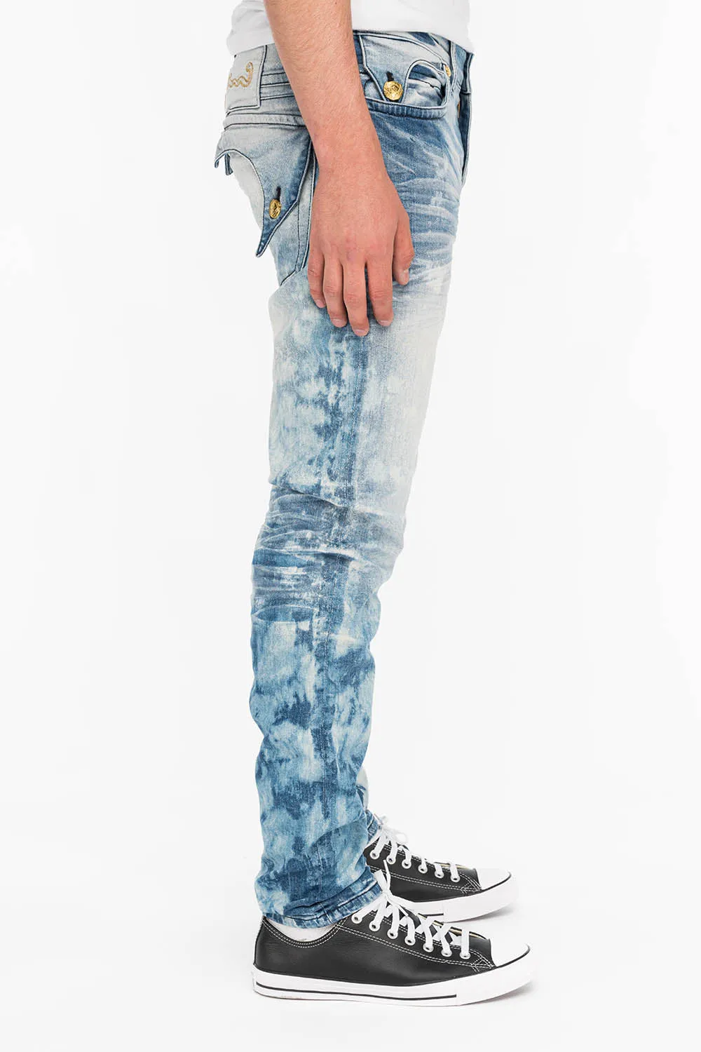 KILLER FLAP MENS SKINNY JEANS IN NEW CLOUD JAPAN WITH GOLD AND SILVER EMBROIDERY PATCH sold by Robin's Jean product image thumbnail 2