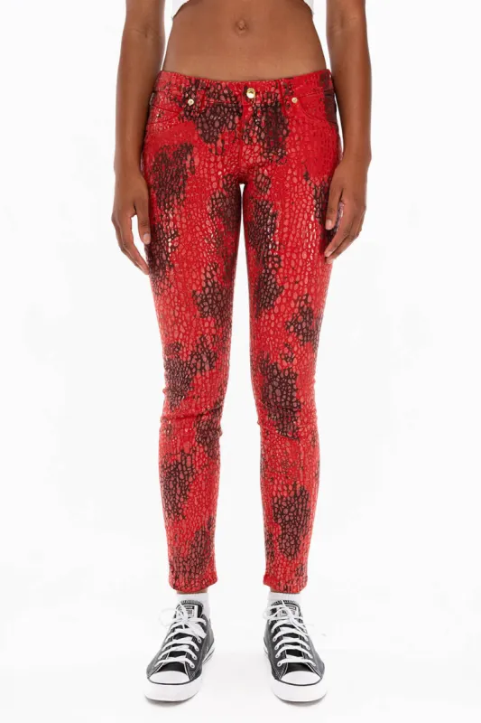 MARILYN LOW RISE WOMENS SKINNY JEANS IN AQUARIUM RED WITH TONAL WINGS sold by Robin's Jean