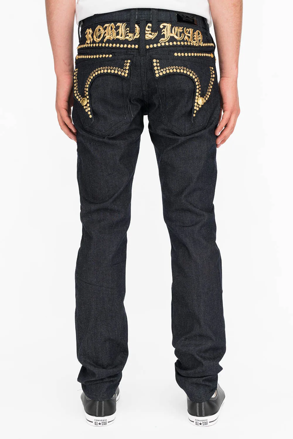 MENS RAW DENIM SLIM FIT KILLER FLAP JEANS WITH O.E. SCRIPT STUDS AND CRYSTALS sold by Robin's Jean