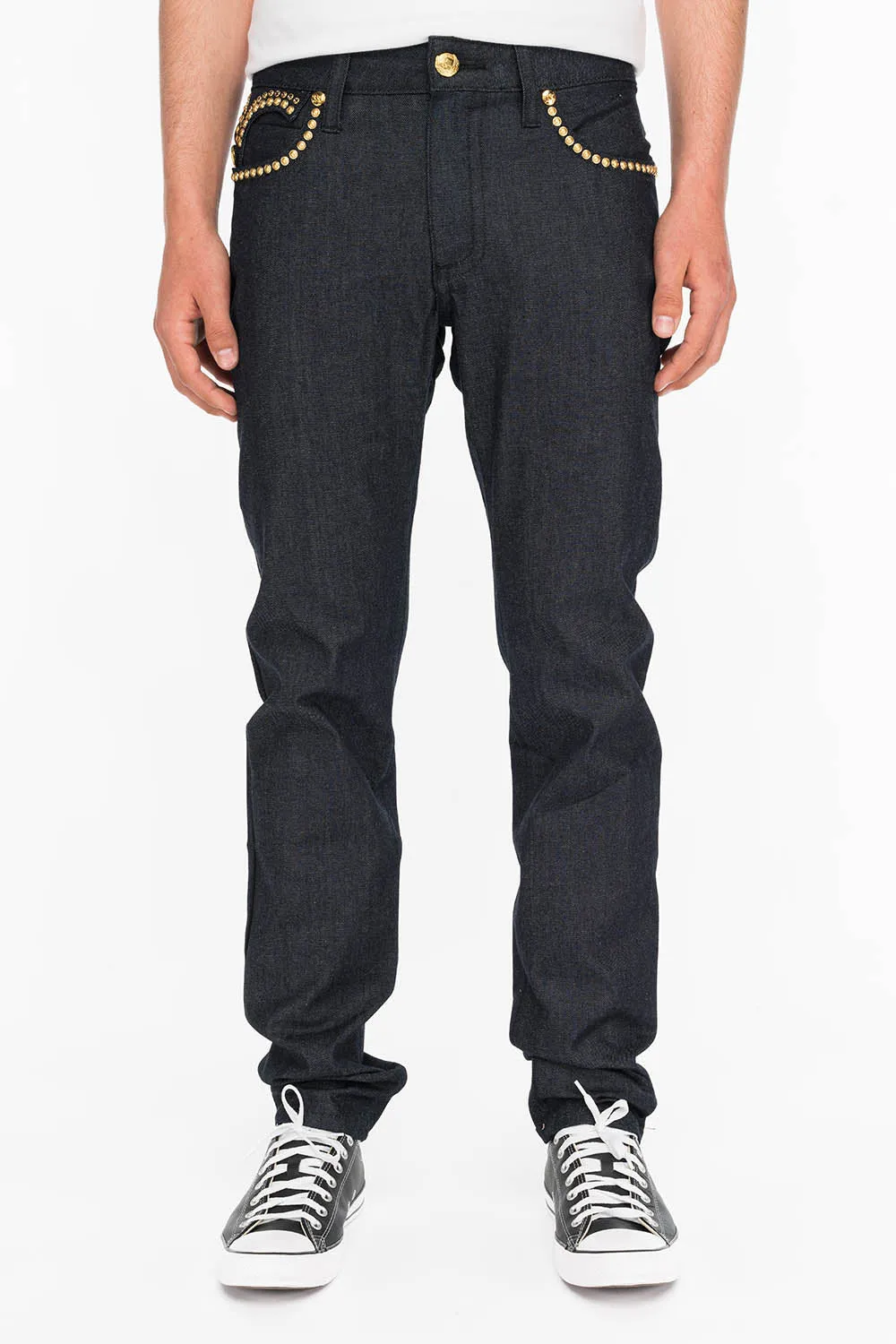 MENS RAW DENIM SLIM FIT KILLER FLAP JEANS WITH O.E. SCRIPT STUDS AND CRYSTALS sold by Robin's Jean product image thumbnail 3