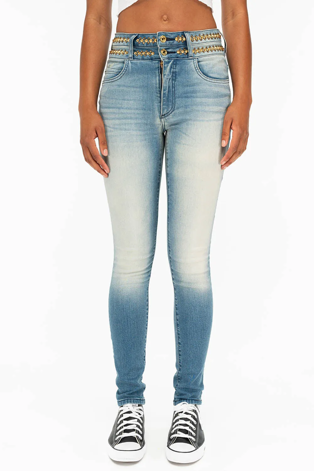 ROBIN'S DOUBLE WAIST SKINNY IN ANTIQUE LIGHT BLUE WITH CRYSTALS AND SPIKES sold by Robin's Jean