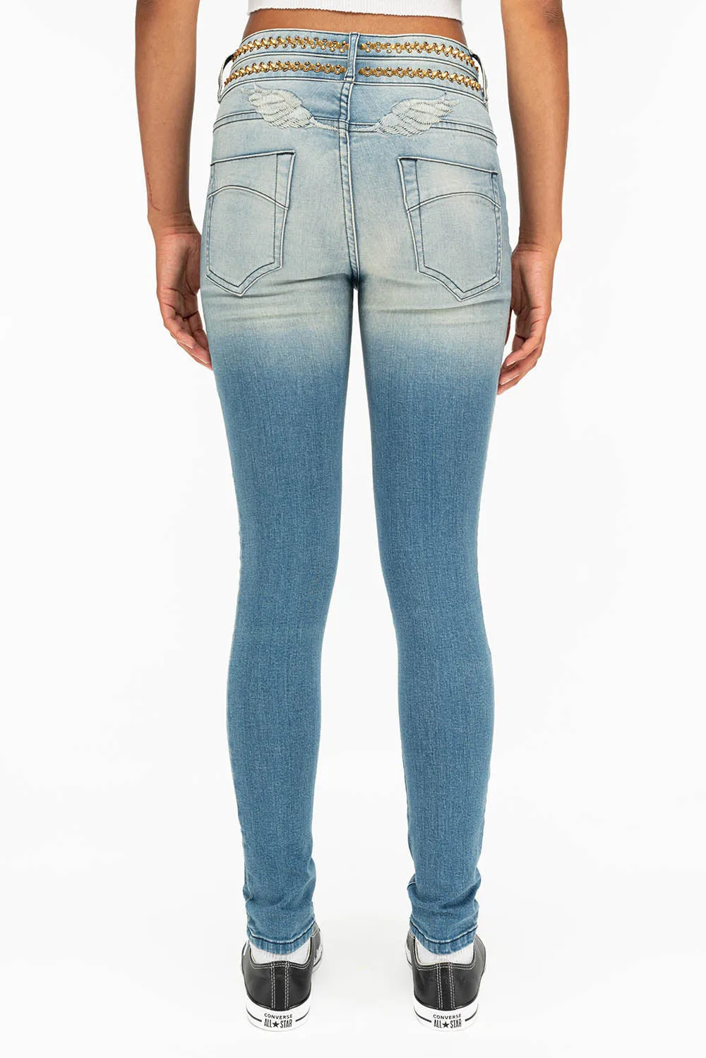 ROBIN'S DOUBLE WAIST SKINNY IN ANTIQUE LIGHT BLUE WITH CRYSTALS AND SPIKES sold by Robin's Jean product image thumbnail 3