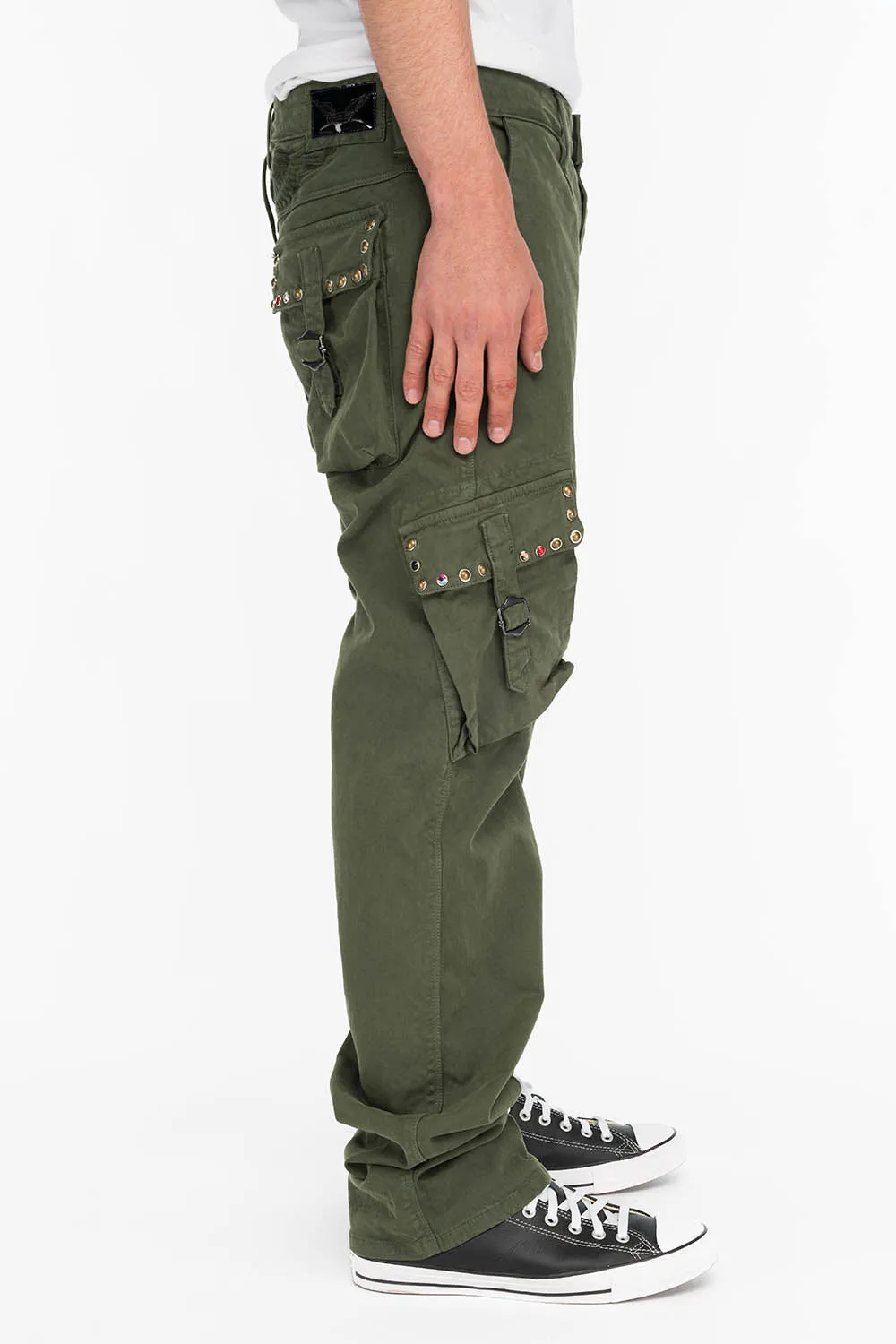 ROBINS NEW MILITARY STYLE CARGO PANTS IN GREEN ARMY WITH STUDS AND CRYSTALS sold by Robin's Jean product image thumbnail 2