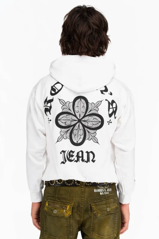 ORNATE HOODIE WITH CRYSTALS IN WHITE sold by Robin's Jean