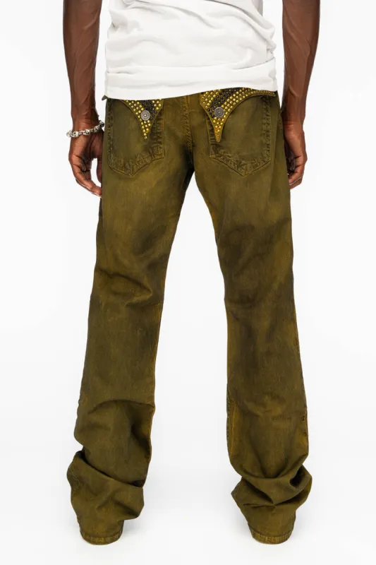 LONG FLAP MENS STRAIGHT JEANS WITH CRYSTALS IN DUSTY YELLOW sold by Robin's Jean