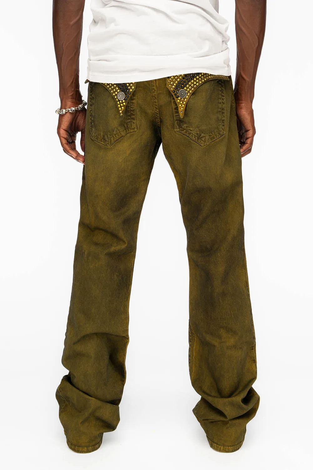 LONG FLAP MENS STRAIGHT JEANS WITH CRYSTALS IN DUSTY YELLOW sold by Robin's Jean