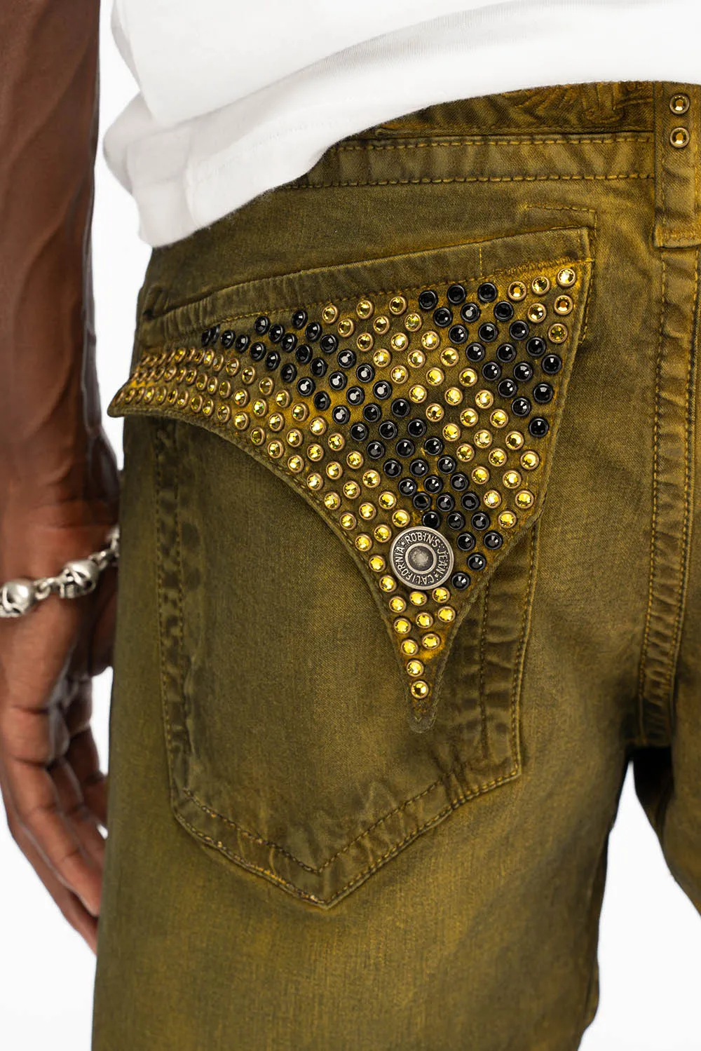 LONG FLAP MENS STRAIGHT JEANS WITH CRYSTALS IN DUSTY YELLOW sold by Robin's Jean product image thumbnail 5
