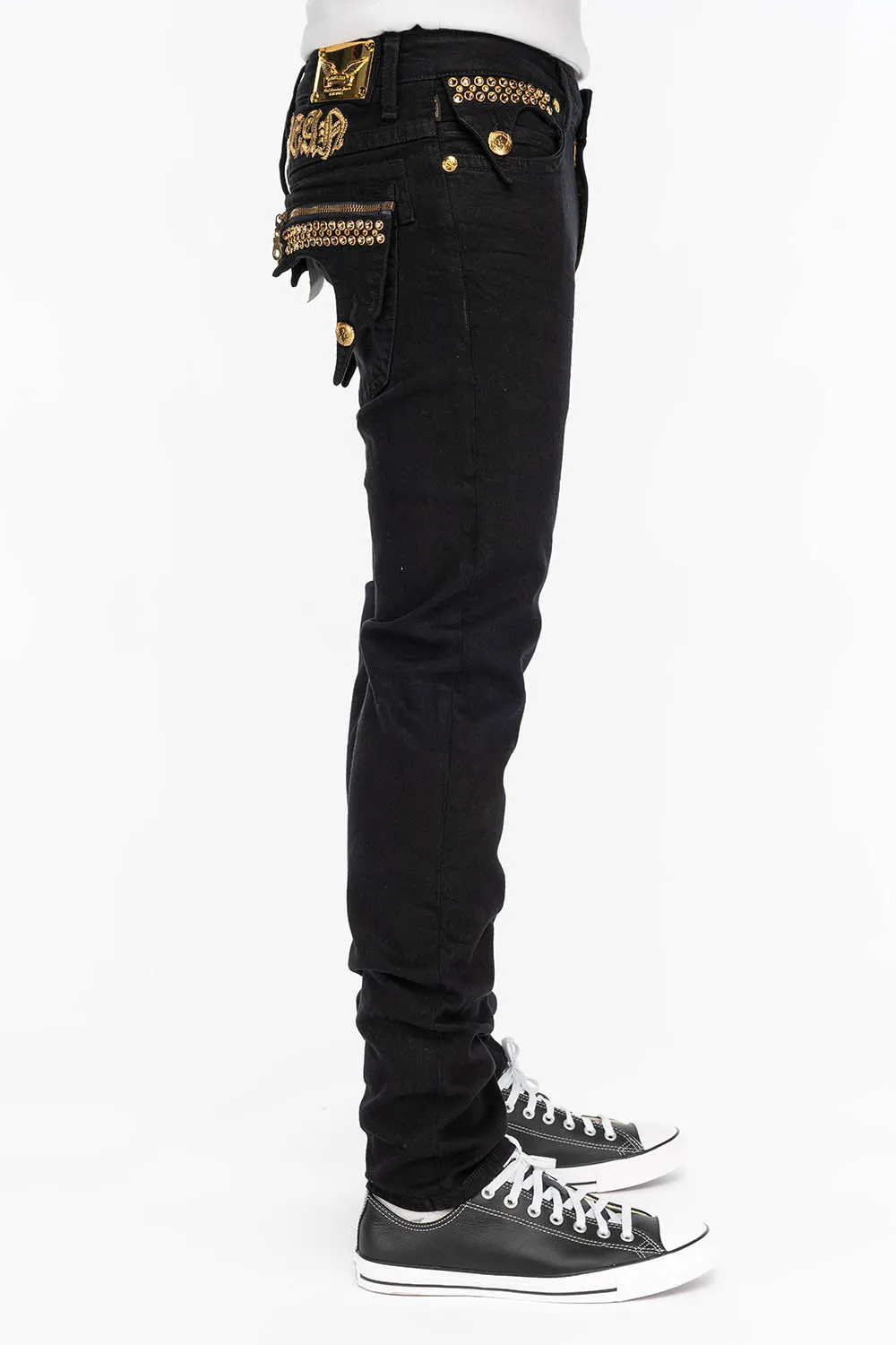ZIPPER KILLER FLAP MENS SLIM JEANS IN BLACK WITH GOLD CRYSTALS sold by Robin's Jean product image thumbnail 3