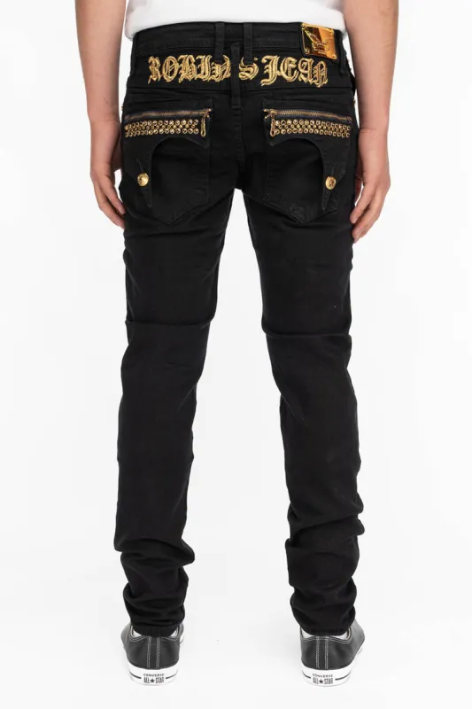 ZIPPER KILLER FLAP MENS SLIM JEANS IN BLACK WITH GOLD CRYSTALS sold by Robin's Jean