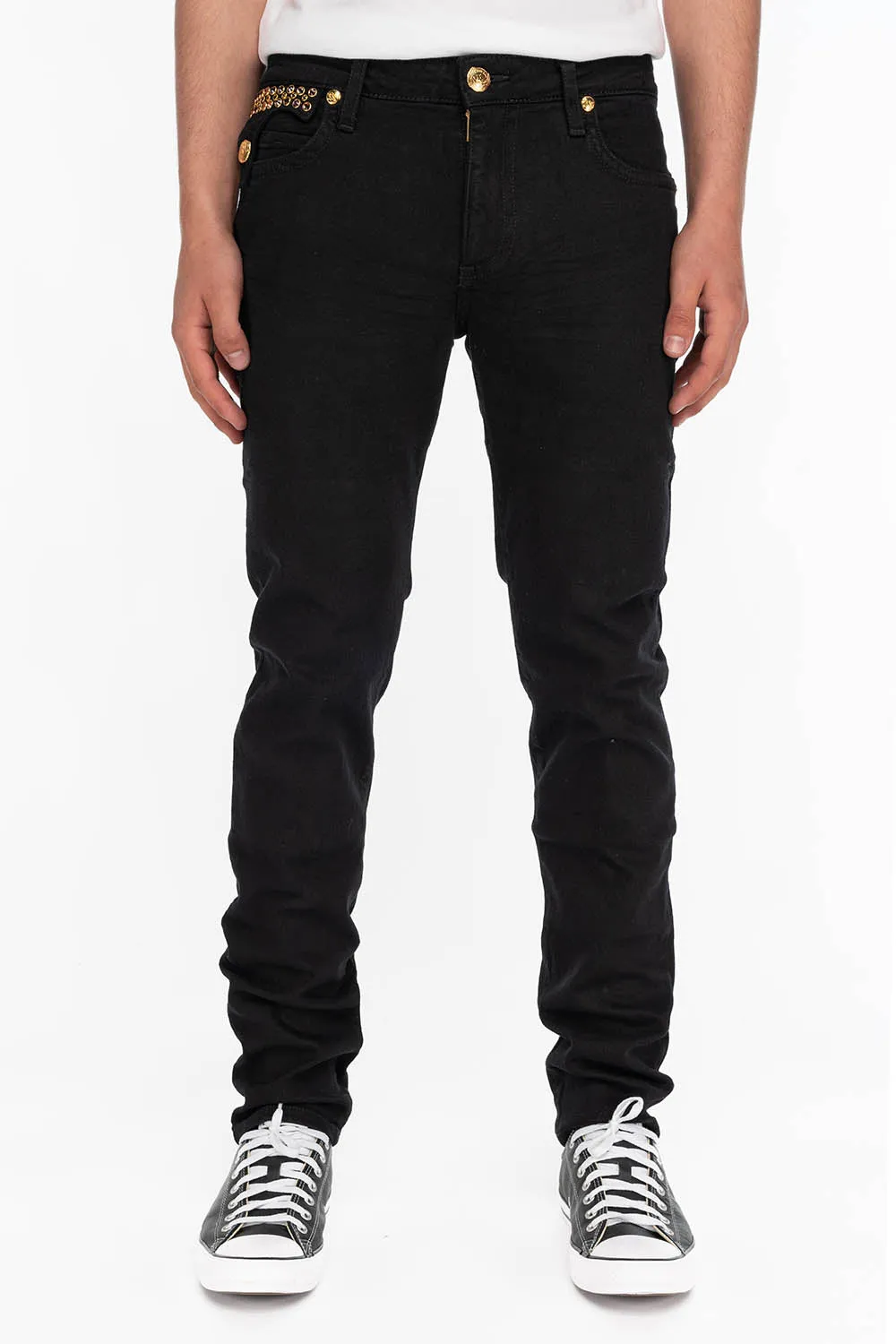ZIPPER KILLER FLAP MENS SLIM JEANS IN BLACK WITH GOLD CRYSTALS sold by Robin's Jean product image thumbnail 2