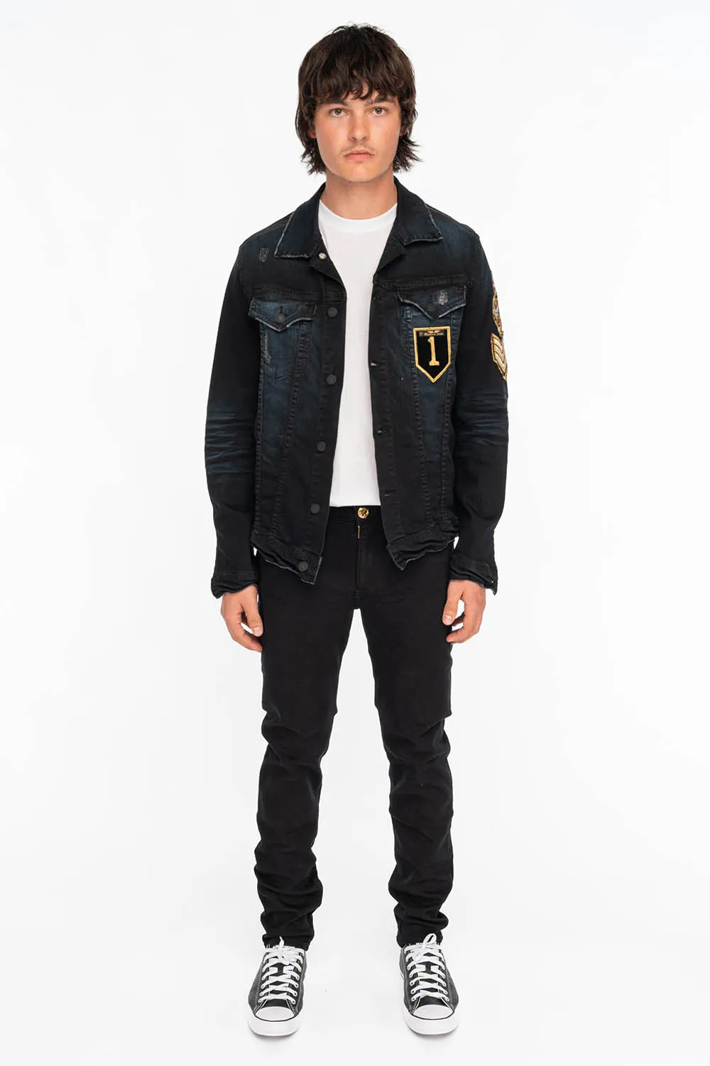 ZIPPER KILLER FLAP MENS SLIM JEANS IN BLACK WITH GOLD CRYSTALS sold by Robin's Jean product image thumbnail 4