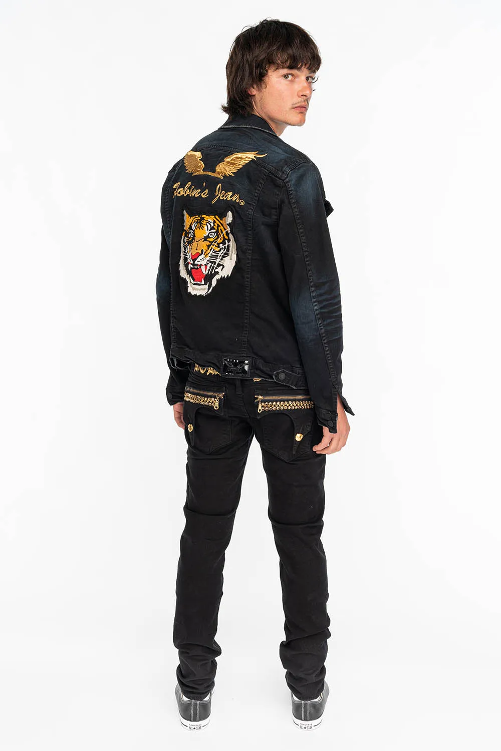 ZIPPER KILLER FLAP MENS SLIM JEANS IN BLACK WITH GOLD CRYSTALS sold by Robin's Jean product image thumbnail 5