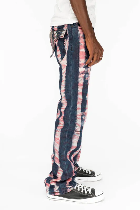 GYPSY STRAIGHT LEG REPATCHED JEANS WITH LONG FLAP EMBELLISHED  WITH CRYSTALS IN PRISONER RED sold by Robin's Jean