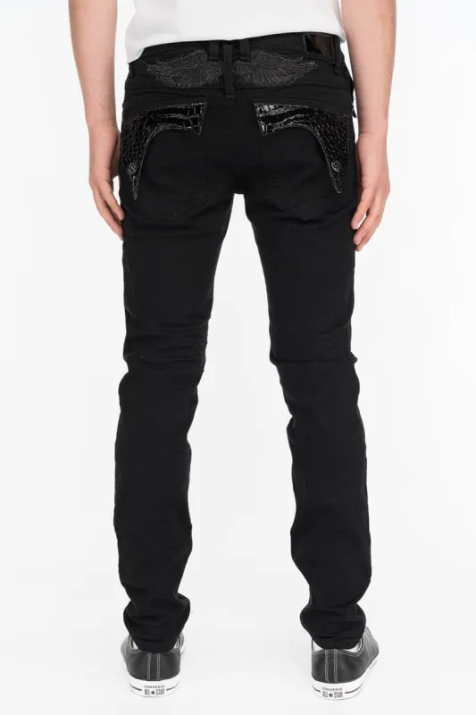 MENS LONG FLAP SKINNY JEANS IN PURE BLACK LEATHER FLAP made by Robin's Jean