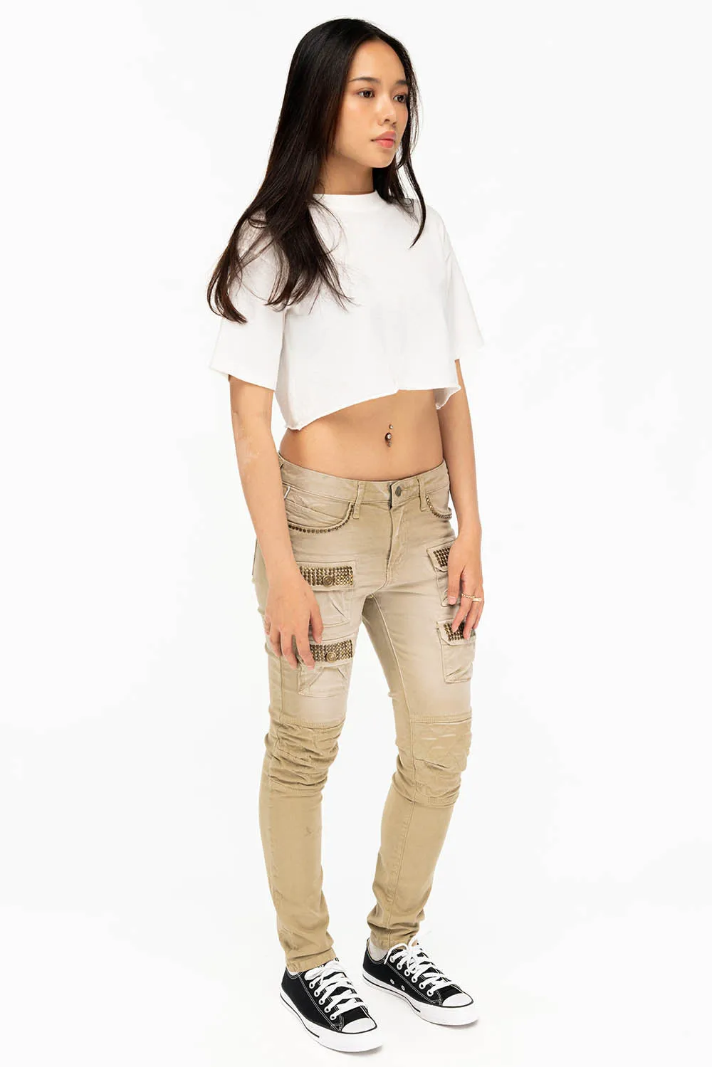 ROBIN'S WOMENS SKINNY UTILITARIAN JEANS IN SULFUR SAND WASH WITH STUDS sold by Robin's Jean product image thumbnail 4