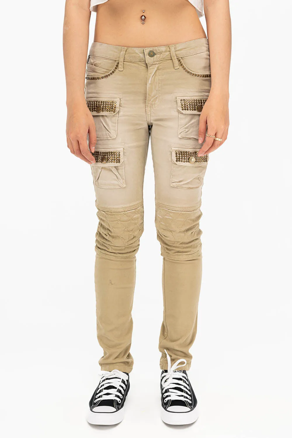 ROBIN'S WOMENS SKINNY UTILITARIAN JEANS IN SULFUR SAND WASH WITH STUDS sold by Robin's Jean