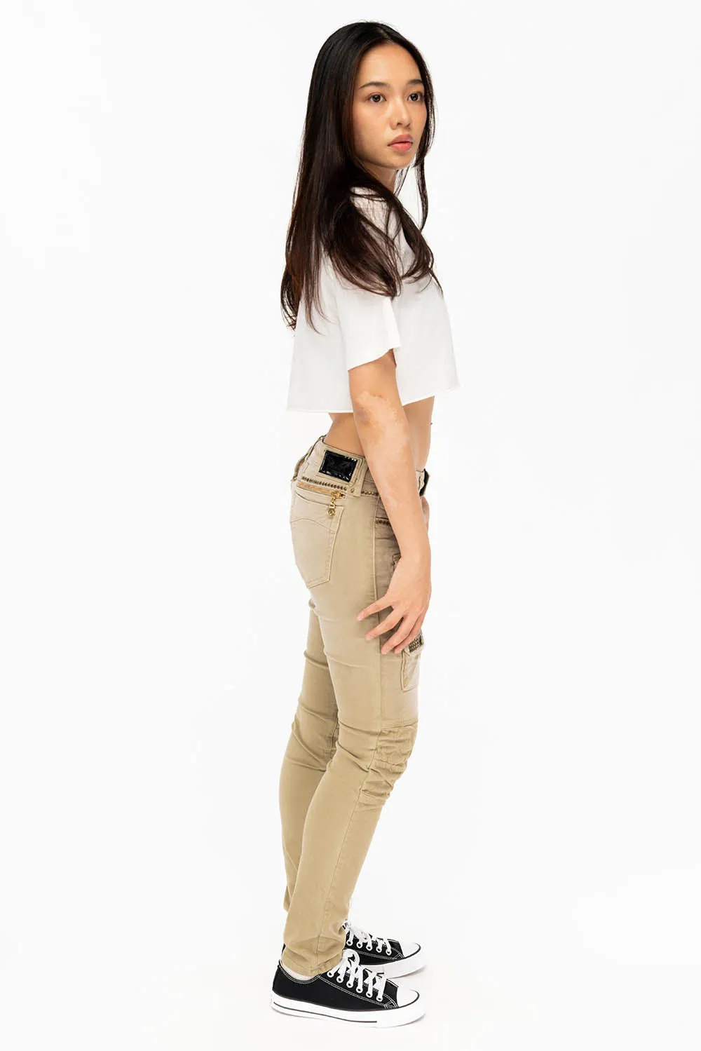 ROBIN'S WOMENS SKINNY UTILITARIAN JEANS IN SULFUR SAND WASH WITH STUDS sold by Robin's Jean product image thumbnail 5