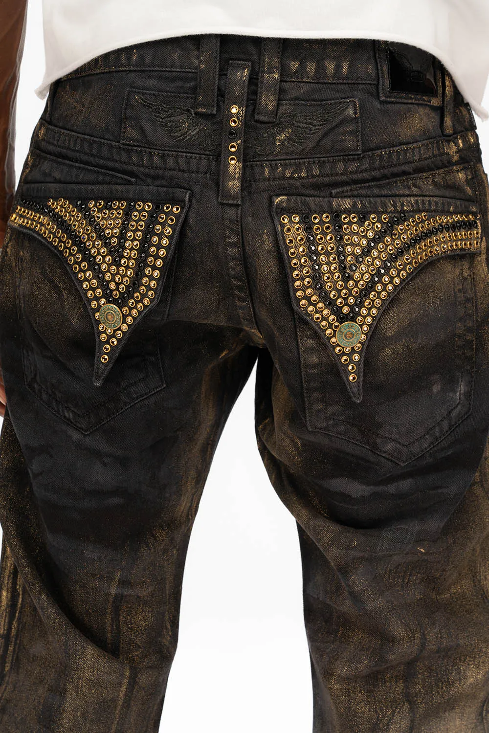 MENS LONG FLAP STRAIGHT CUT JEANS WITH CRYSTALS IN AERO BLACK sold by Robin's Jean product image thumbnail 4