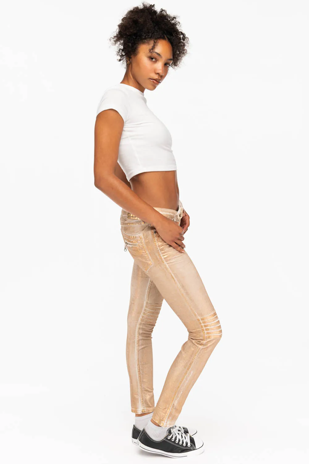 ROBIN'S BIKER WOMENS JEANS IN WHITE GOLD STRIPE FOIL sold by Robin's Jean product image thumbnail 4