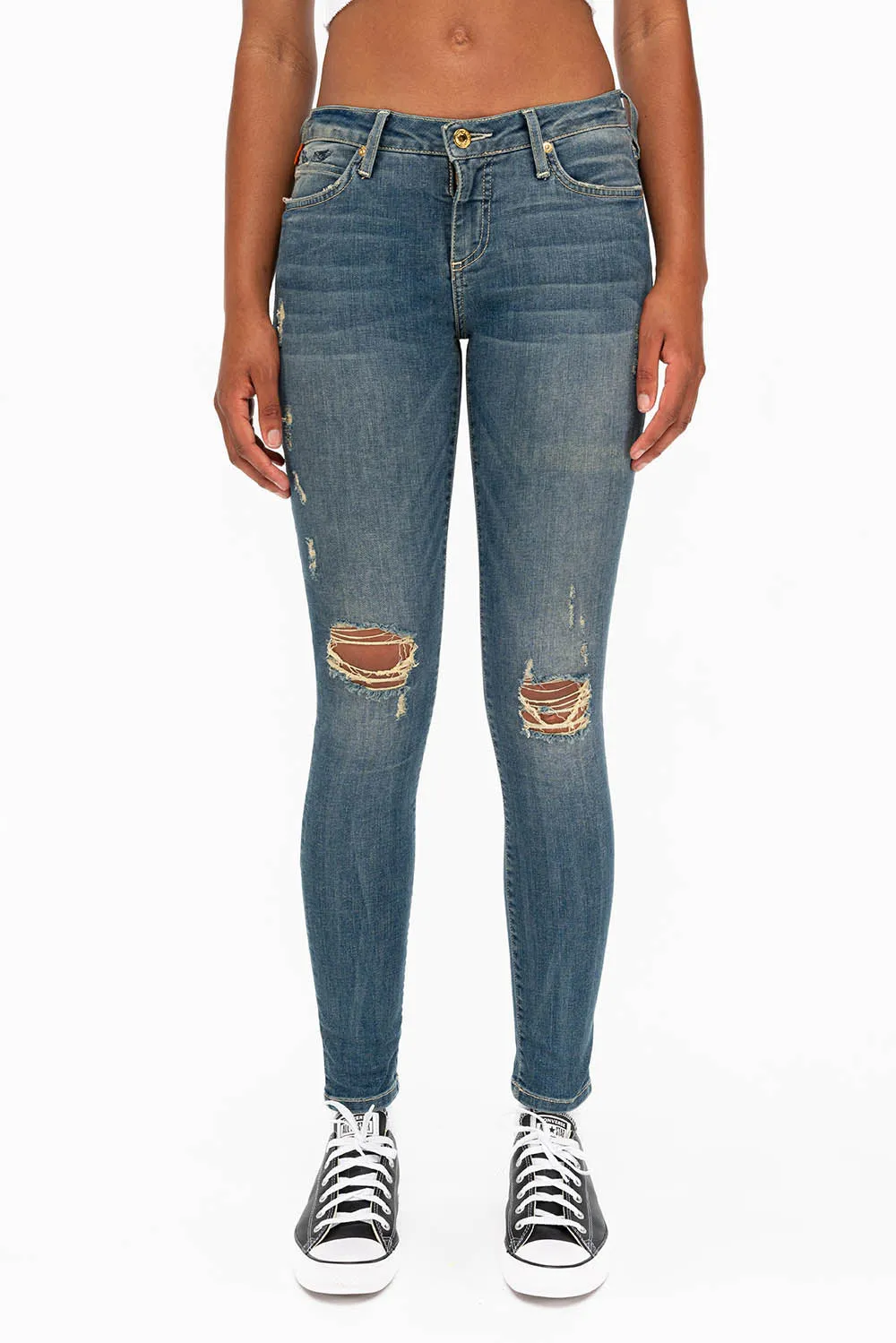 MIDRISE WOMENS SKINNY JEANS IN RIPPED BLUE WASH sold by Robin's Jean