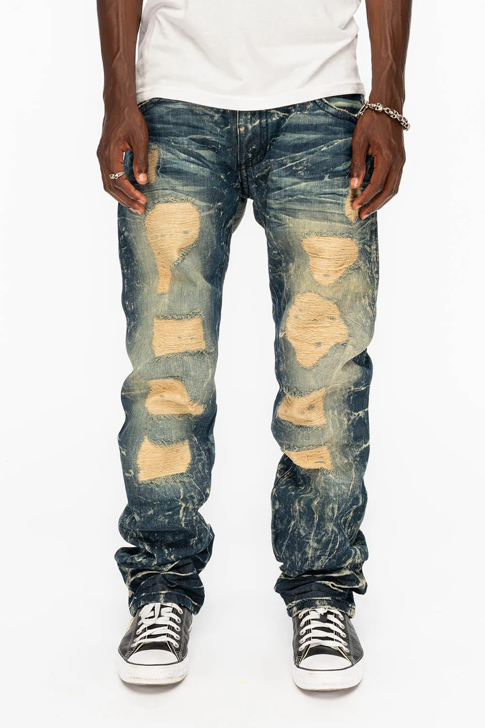 LONG FLAP STRAIGHT DESTROY DENIM JEANS WITH CRYSTALS IN 4D DARK BROKEN sold by Robin's Jean product image thumbnail 2