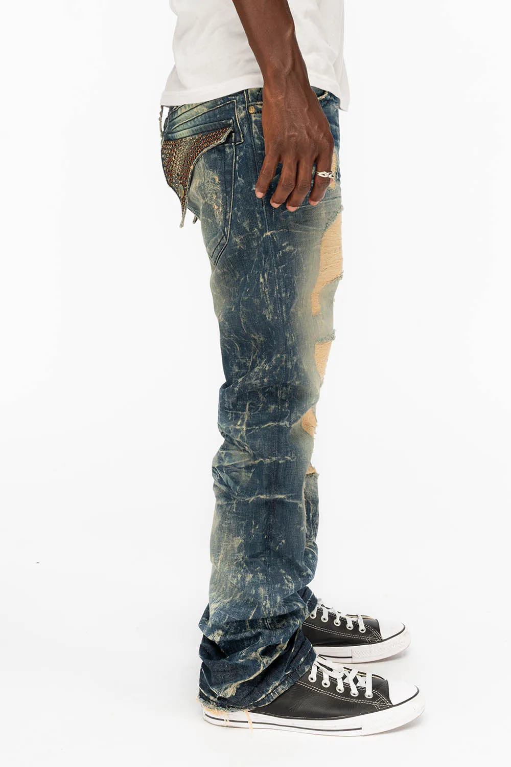 LONG FLAP STRAIGHT DESTROY DENIM JEANS WITH CRYSTALS IN 4D DARK BROKEN sold by Robin's Jean product image thumbnail 3