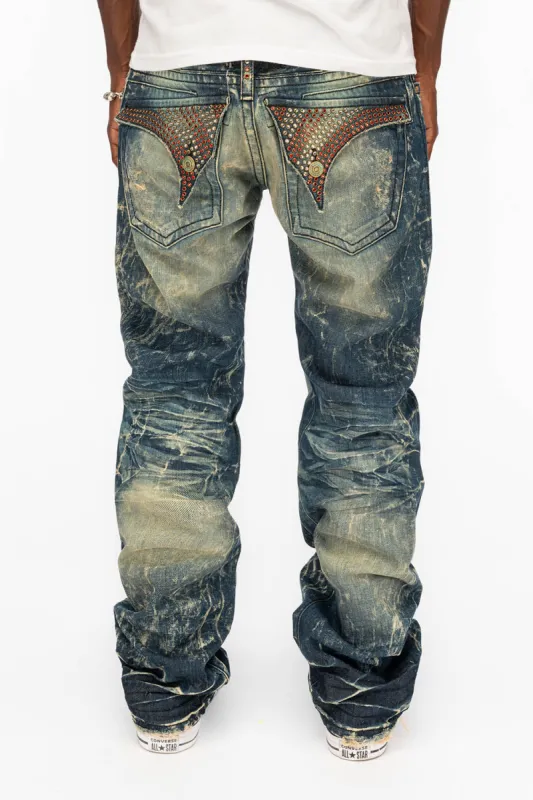 LONG FLAP STRAIGHT DESTROY DENIM JEANS WITH CRYSTALS IN 4D DARK BROKEN sold by Robin's Jean