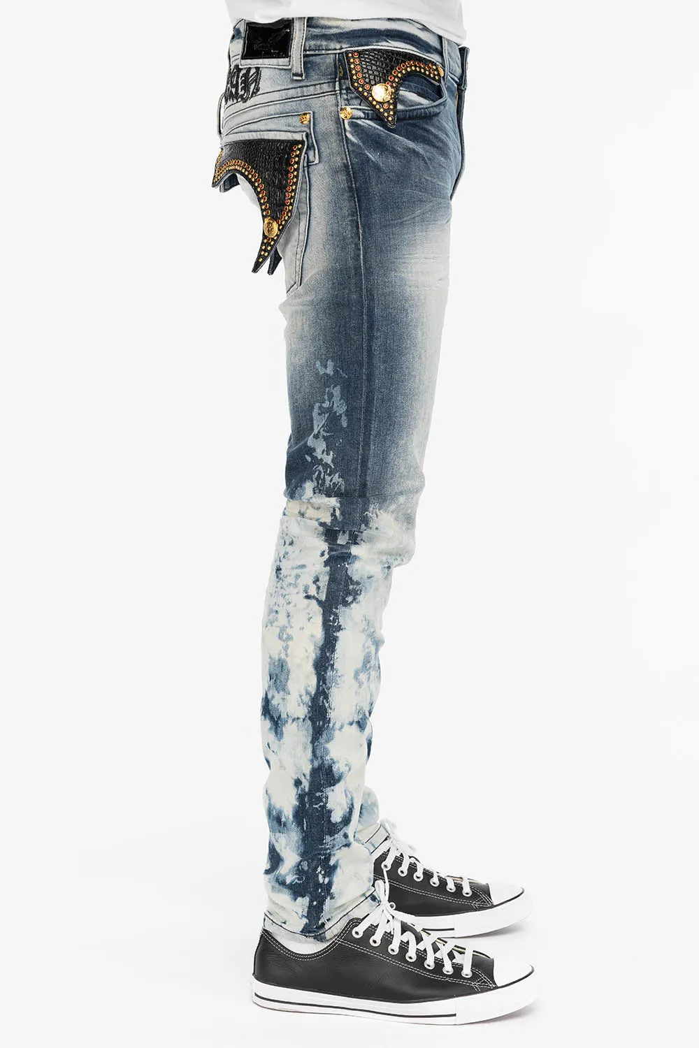 KILLER FLAP MENS SKINNY JEANS IN CLOUD JAPAN WITH CROCODILE FLAPS AND RED CRYSTALS sold by Robin's Jean product image thumbnail 2