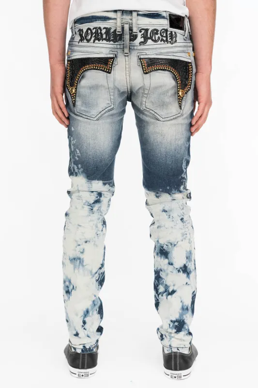 KILLER FLAP MENS SKINNY JEANS IN CLOUD JAPAN WITH CROCODILE FLAPS AND RED CRYSTALS sold by Robin's Jean