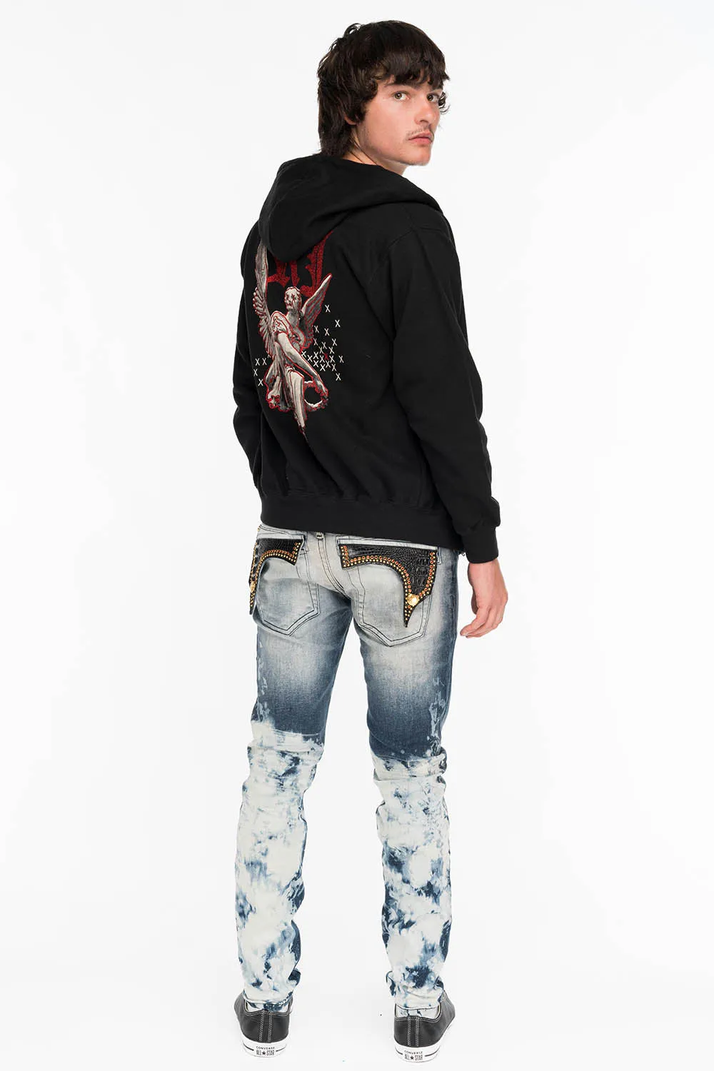 KILLER FLAP MENS SKINNY JEANS IN CLOUD JAPAN WITH CROCODILE FLAPS AND RED CRYSTALS sold by Robin's Jean product image thumbnail 5