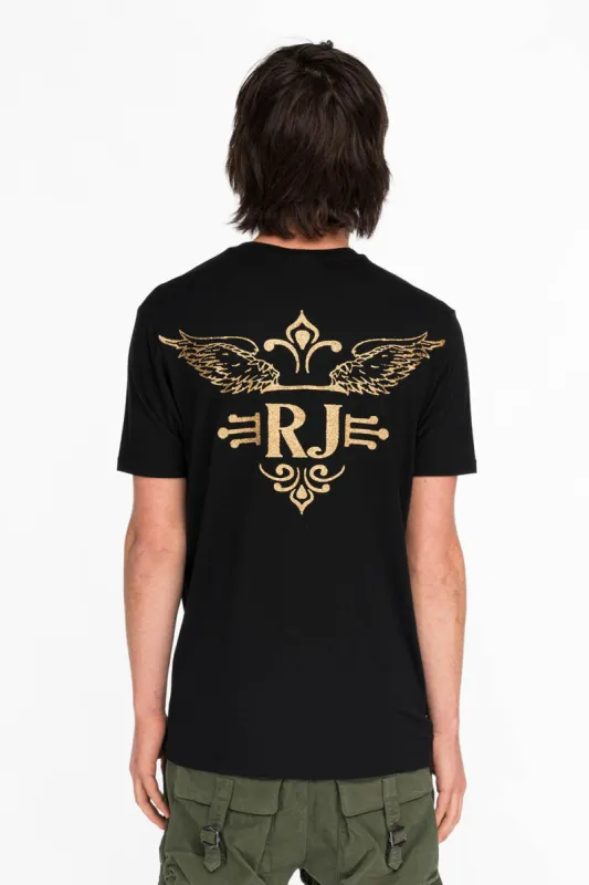 GOLD GLITTER FLEUR TEE WITH WINGS ON BACK IN BLACK sold by Robin's Jean