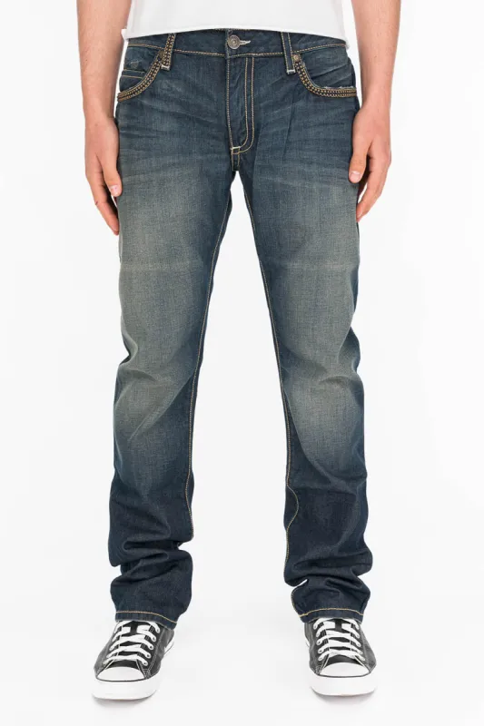 MENS CLASSIC 5 POCKET STRAIGHT LEG JEANS IN SMOKY DARK WITH STUDS sold by Robin's Jean