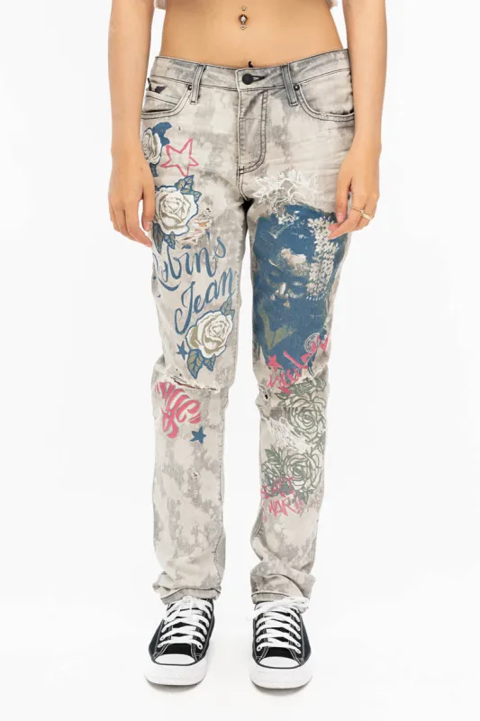 BOYFRIEND STYLE WOMENS JEANS IN MARCEL BLACK WASH WITH GEISHA PRINT sold by Robin's Jean